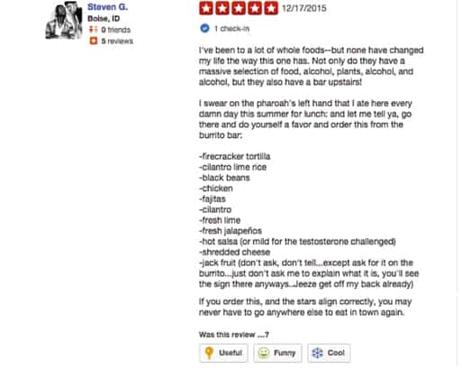 funny whole foods reviews