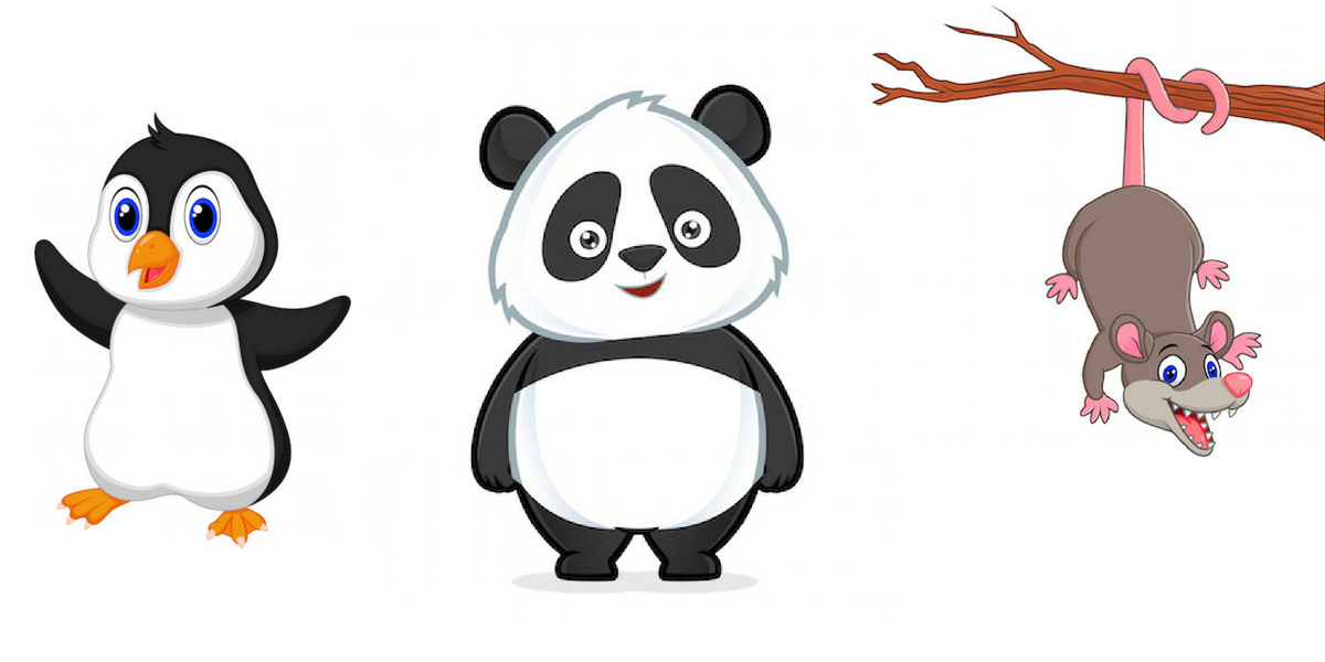 illustration of penguin, panda, and possum