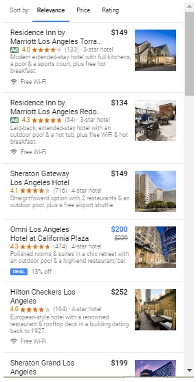 Hotel Google search results